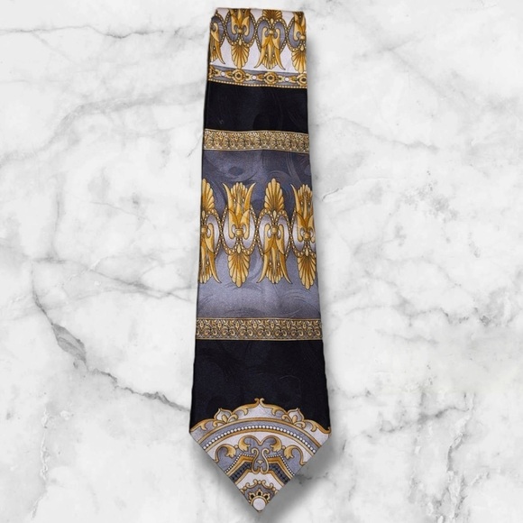 ✅💎Mens Vintage Elegant Black and Gold Silk Tie - Picture 2 of 11